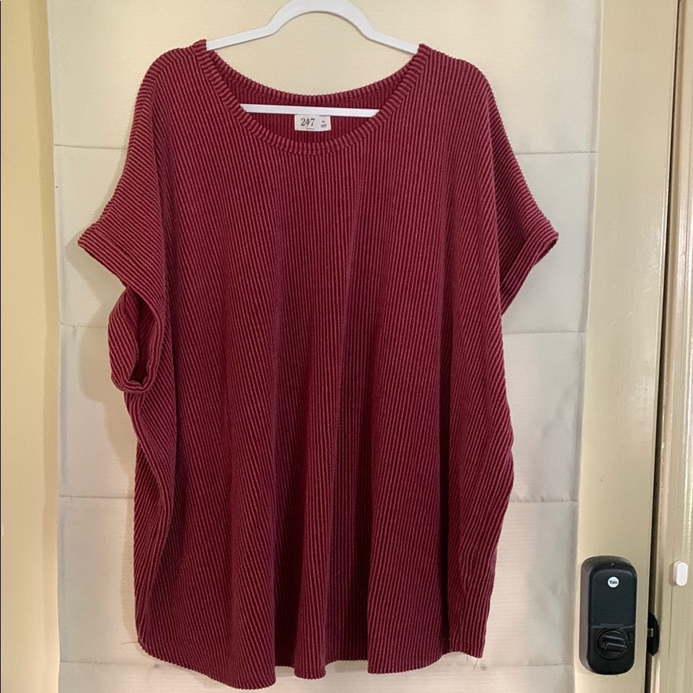 Maurices 24/7 Red Ribbed Knit Top Plus Size 4X Relaxed Oversized Short Sleeve